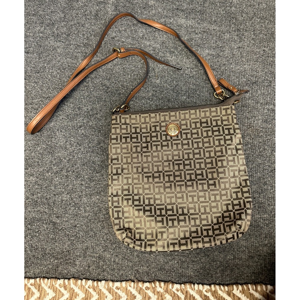 Tommy Hilfiger Monogram Crossbody Logo Shoulder Bag Tan Brown Adjustable Strap